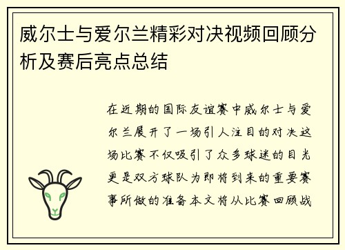 威尔士与爱尔兰精彩对决视频回顾分析及赛后亮点总结