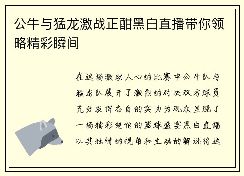 公牛与猛龙激战正酣黑白直播带你领略精彩瞬间